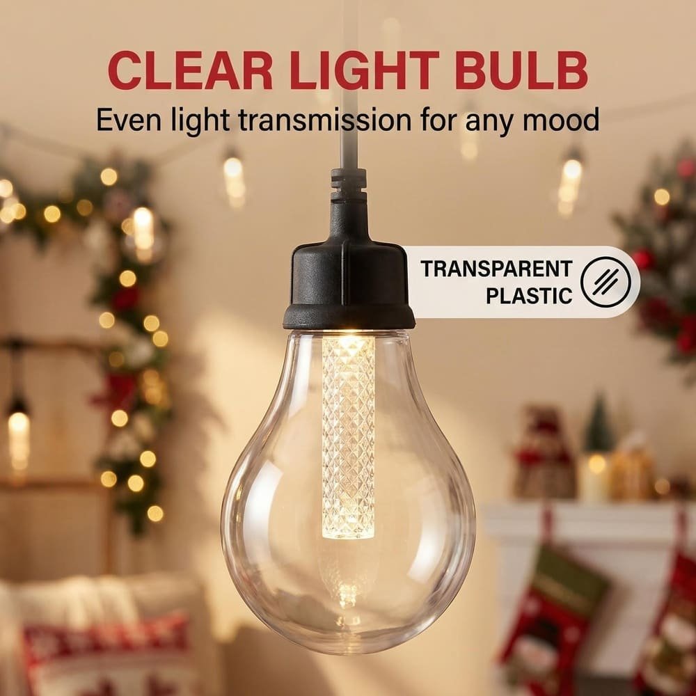 Clear plastic A19 LED string light bulb featuring internal refraction column for even lighting