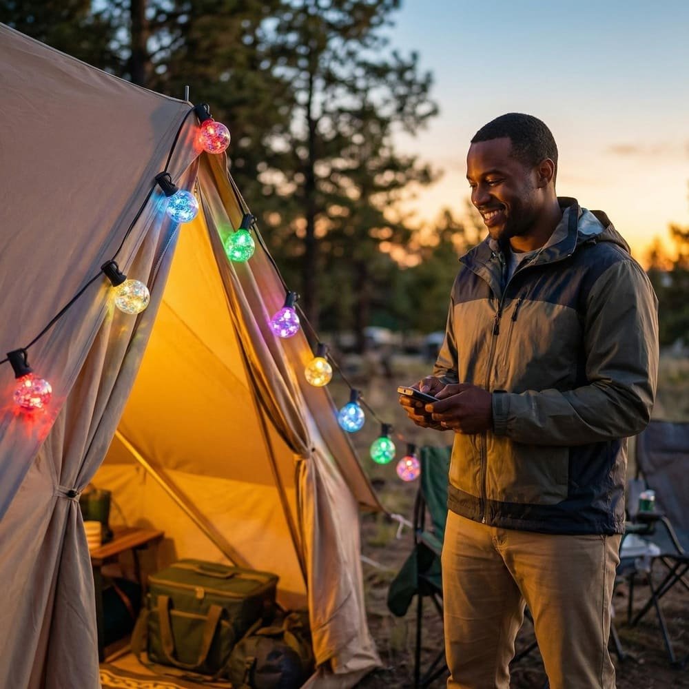 Multicolor G40 LED string lights decorating camping tent for outdoor evening illumination