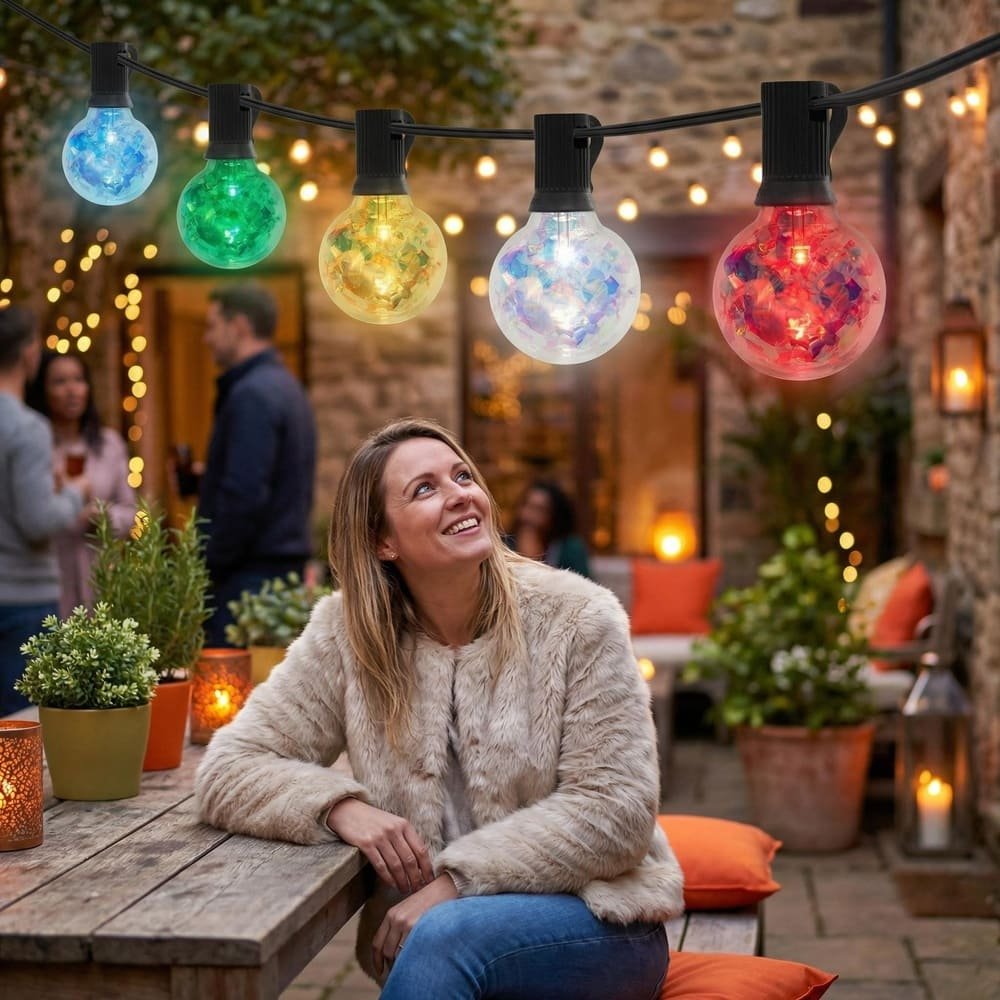 Outdoor patio party illuminated by colorful decorative G40 LED string lights