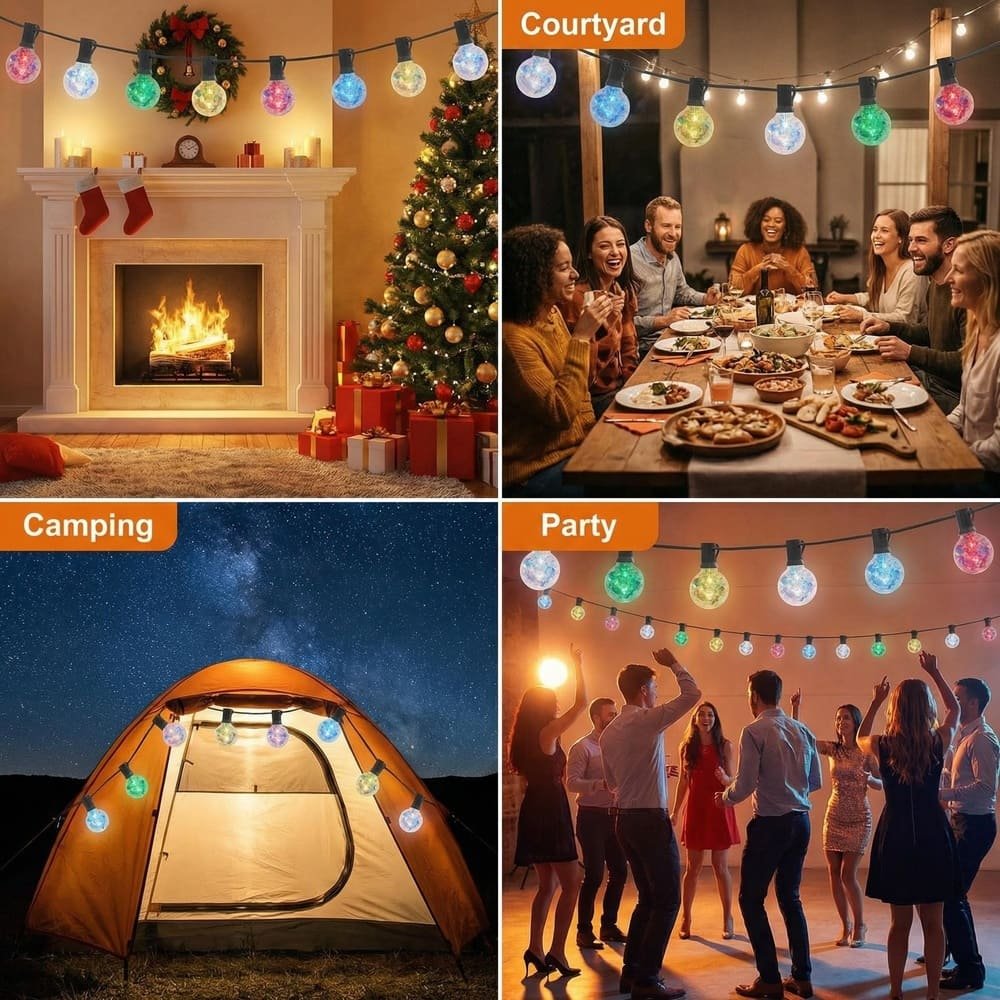 Multicolor G40 LED string lights application scenes for Christmas, courtyard, camping, and party decoration