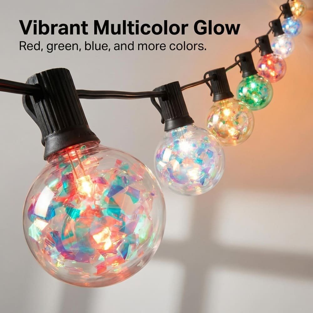 Vibrant multicolor RGB G40 string lights with holographic glow for commercial outdoor decoration