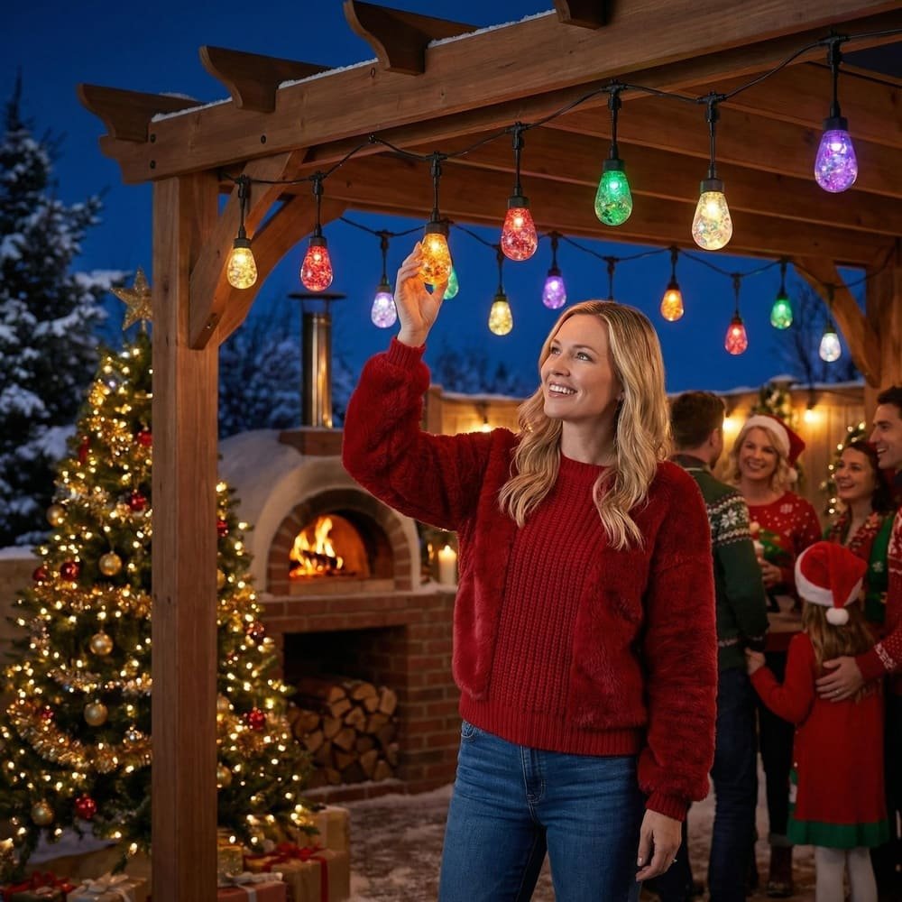 Woman installing decorative multi-color LED string lights for outdoor holiday patio lighting.