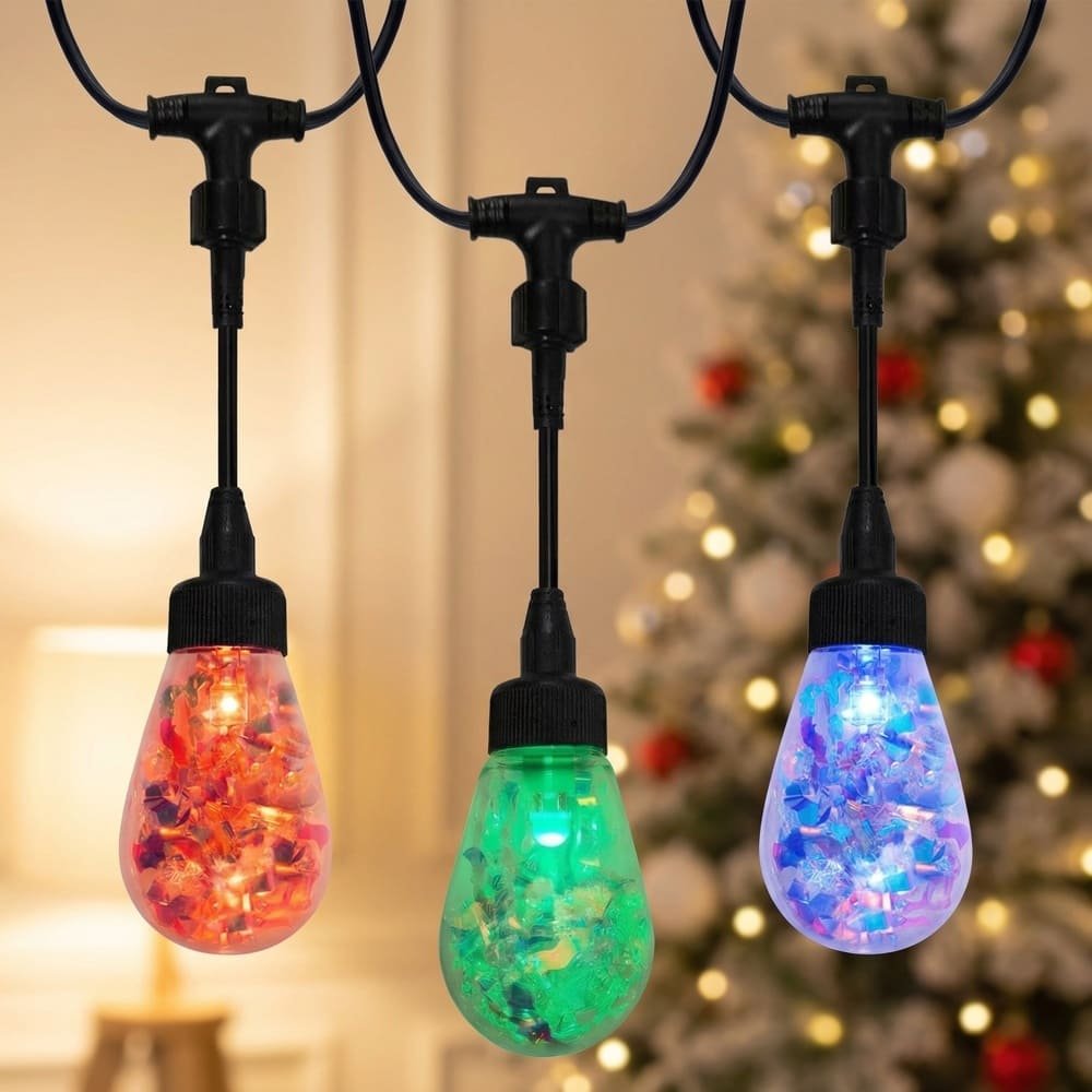 Decorative S14 RGB LED string lights with textured bulbs illuminating a festive Christmas indoor setting.