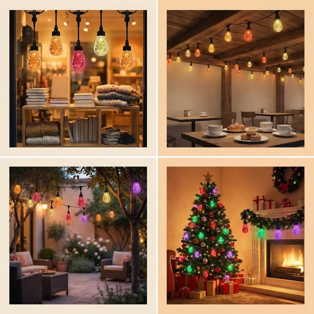 Versatile decorative multi-color LED string lights for commercial cafes, outdoor patios, and holiday decor.