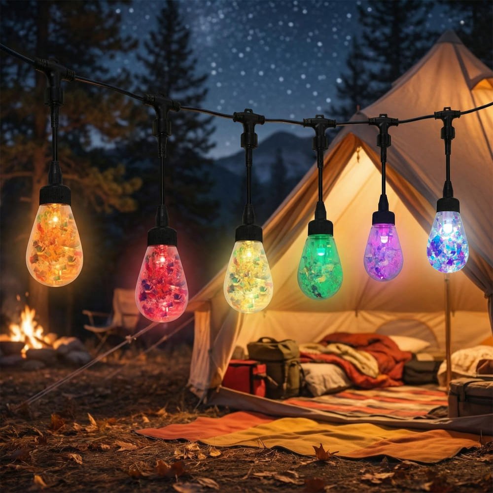 Waterproof multi-color LED string lights illuminating an outdoor camping tent at night.
