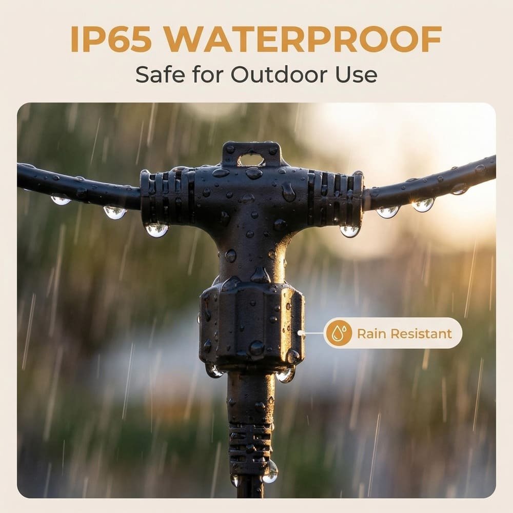Close-up of a rain-resistant IP65 waterproof socket for commercial outdoor string lights.