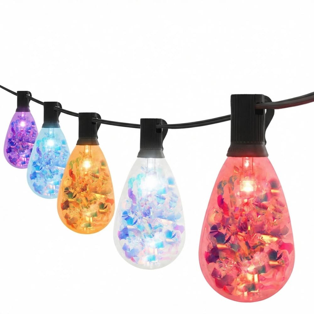 Patented S14 RGB holographic sparkle LED string lights for festive commercial display