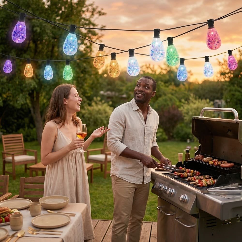 Multi-color S14 LED patio string lights illuminating a backyard BBQ party