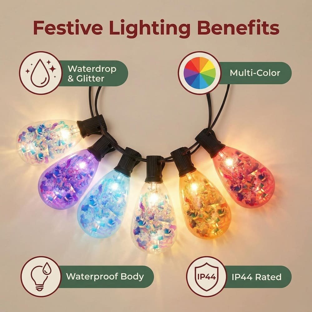 Festive string light benefits infographic highlighting IP44 waterproof rating and multi-color holographic bulbs