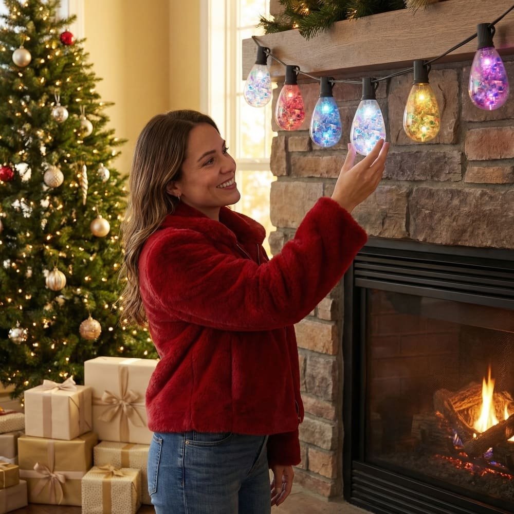 Colorful sparkling S14 LED string lights decorating a fireplace mantel for Christmas holidays