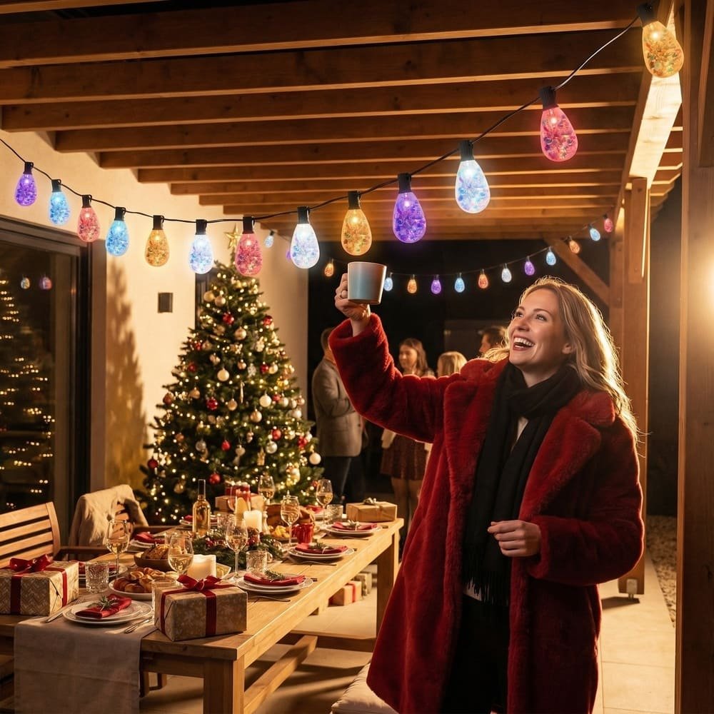 Festive multi-color S14 string lights illuminating an outdoor patio dining area during Christmas holidays