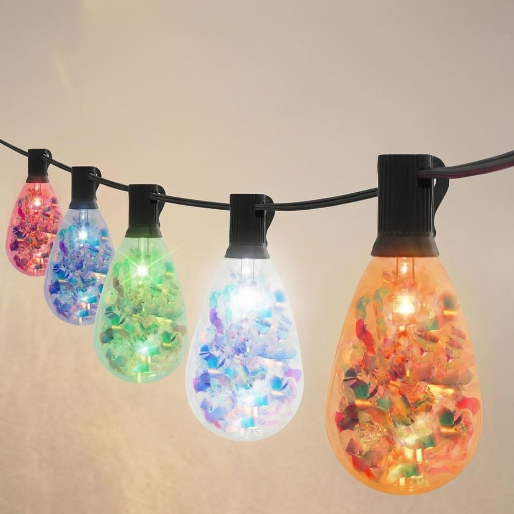 Close-up of patented S14 holographic RGB LED string lights for festive commercial decoration