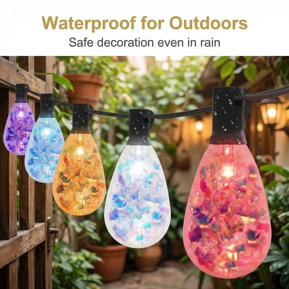 Waterproof outdoor string lights featuring multi-color S14 bulbs hanging in a rainy garden setting