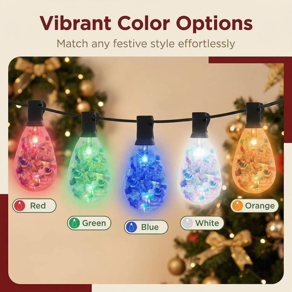 Vibrant multi-color S14 LED string lights featuring red, green, blue, white, and orange festive bulbs