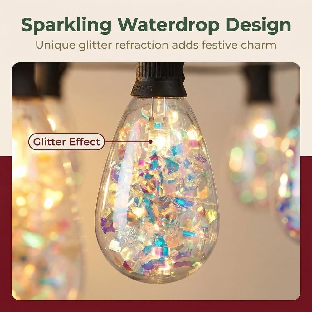 S14 LED bulb featuring sparkling waterdrop design and holographic glitter refraction for festive decor