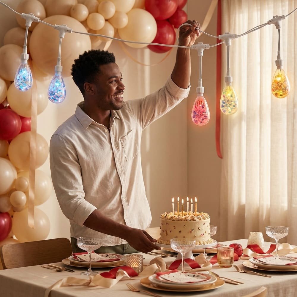Man decorating a birthday table with festive multi-color S14 LED string lights.