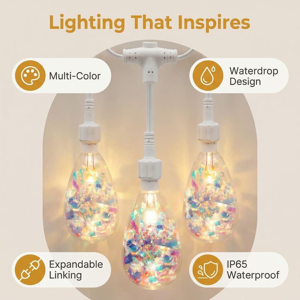 S14 drop string lights features: multi-color, IP65 waterproof, waterdrop design, and expandable linking capabilities.
