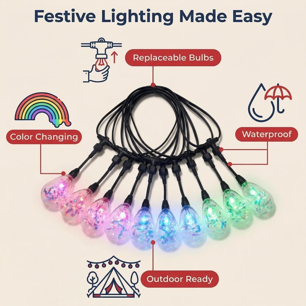 Features of waterproof RGB S14 LED string lights with replaceable bulbs for outdoor use.