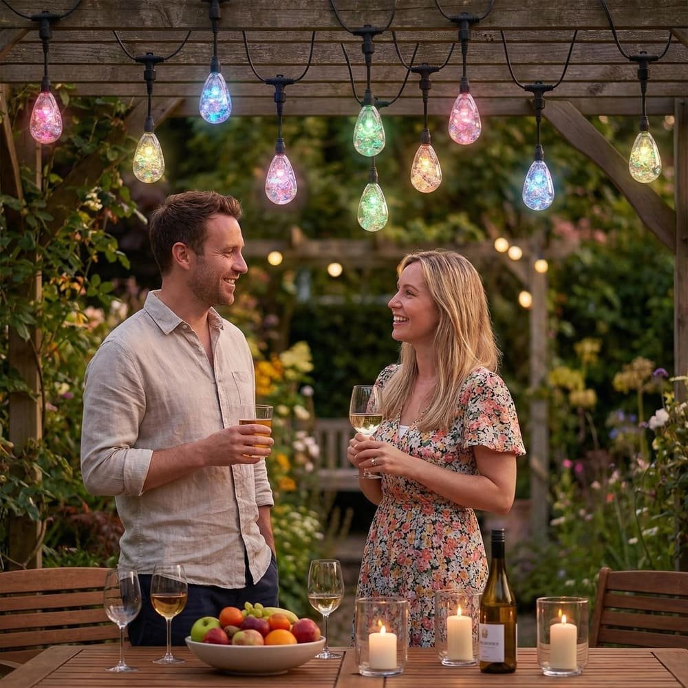 Couple enjoying wine under decorative color-changing S14 outdoor string lights in a backyard patio.