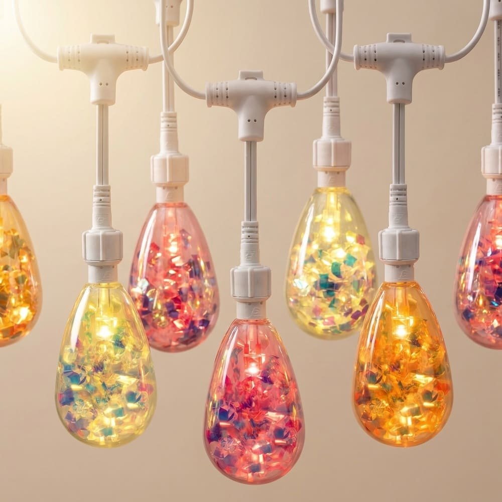 Multiple illuminated S14 drop string lights featuring colorful RGB holographic confetti on white wire.