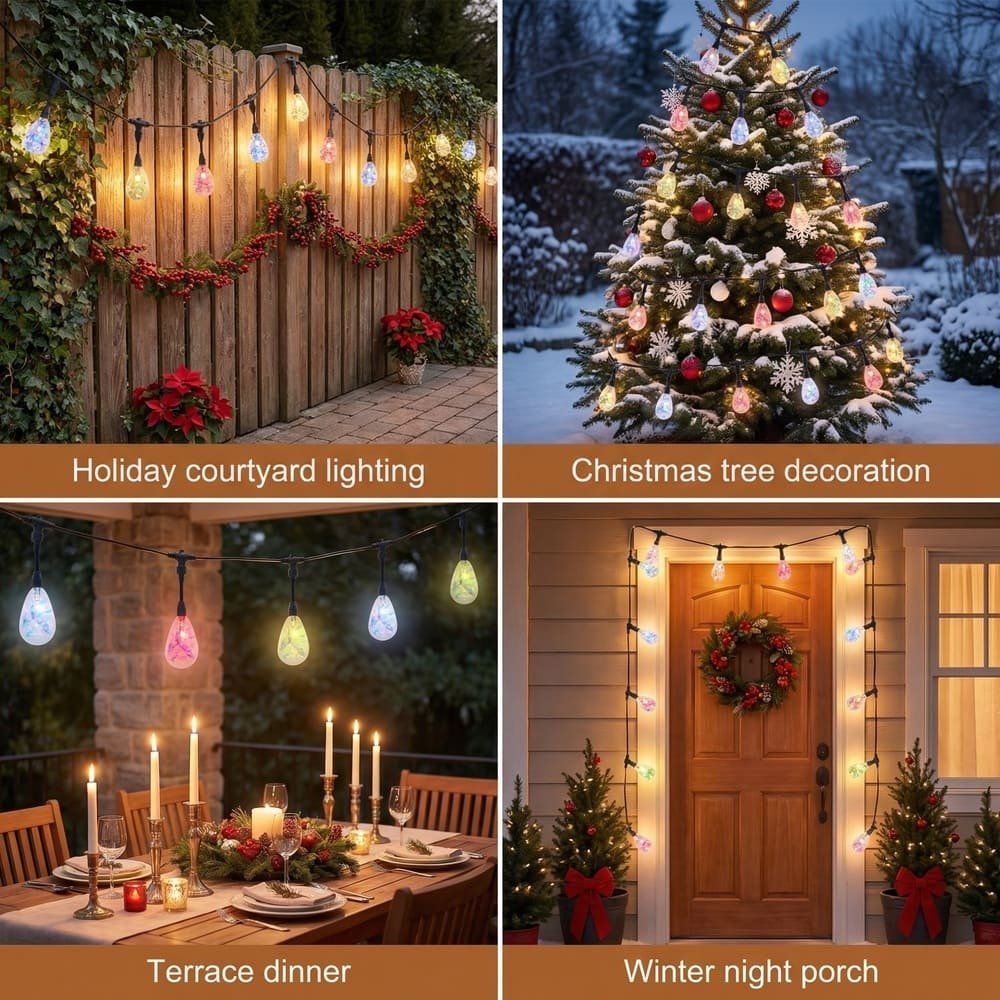 Versatile waterproof color-changing LED string lights decorating a courtyard, Christmas tree, terrace, and porch.
