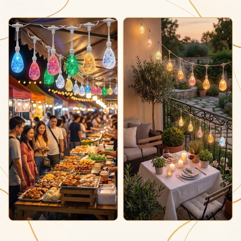 Waterproof decorative S14 LED string lights used in commercial night markets and residential patios.