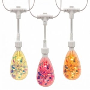 IP65 commercial S14 drop string lights featuring colorful RGB holographic bulbs on white wire