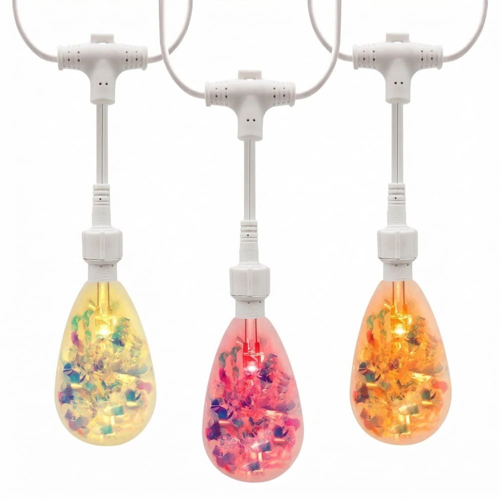 IP65 commercial S14 drop string lights featuring colorful RGB holographic bulbs on white wire