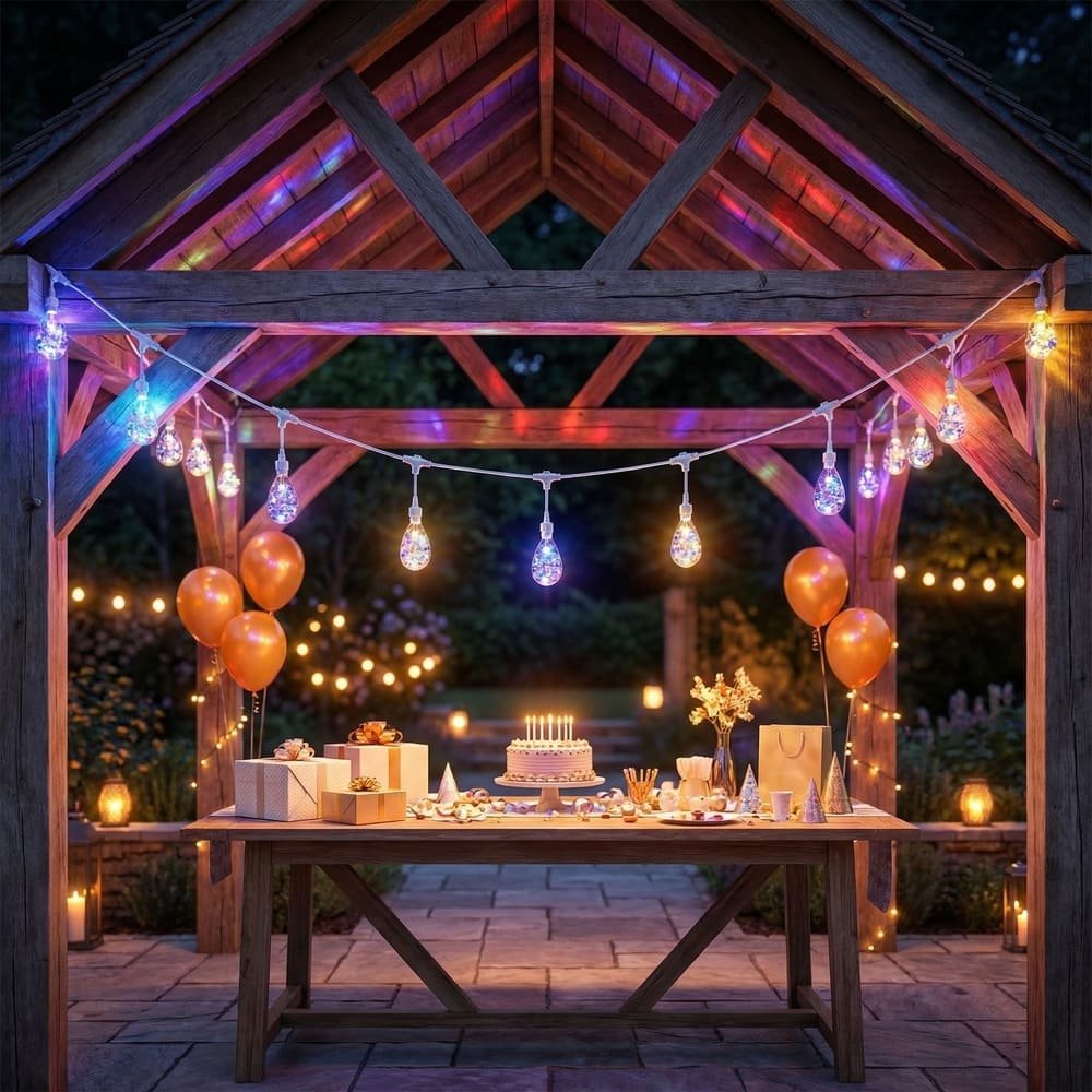 Outdoor gazebo decorated with colorful S14 LED patio string lights for a birthday party.