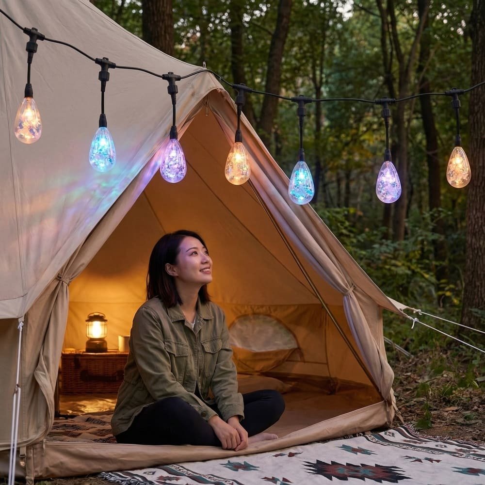 Colorful decorative LED string lights illuminating a camping tent in the woods.