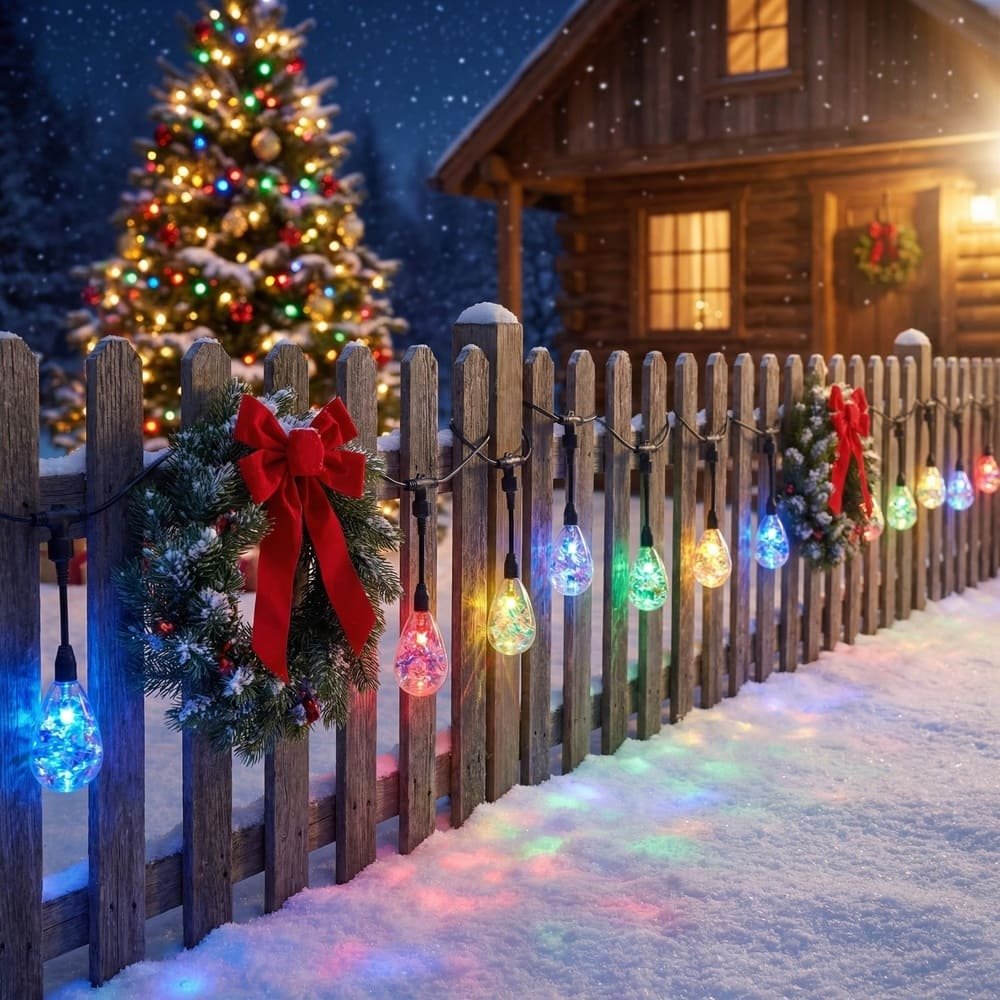 Colorful waterproof LED string lights decorating a snowy wooden fence with Christmas wreaths.