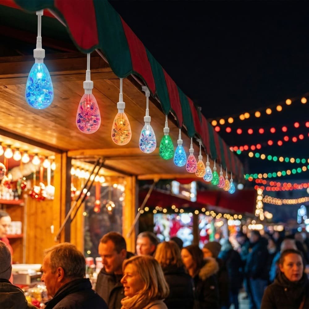 Colorful S14 LED outdoor string lights hanging at a festive night market.