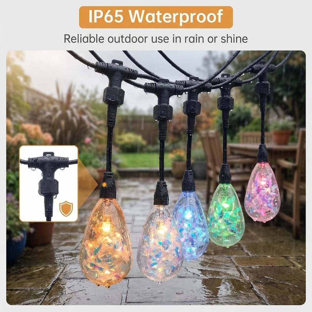 IP65 waterproof outdoor LED string lights with colorful droplet bulbs shining in the rain.