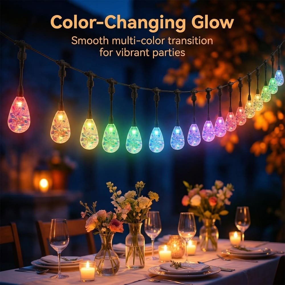 Color-changing S14 LED string lights hanging over an outdoor party dining table at night.