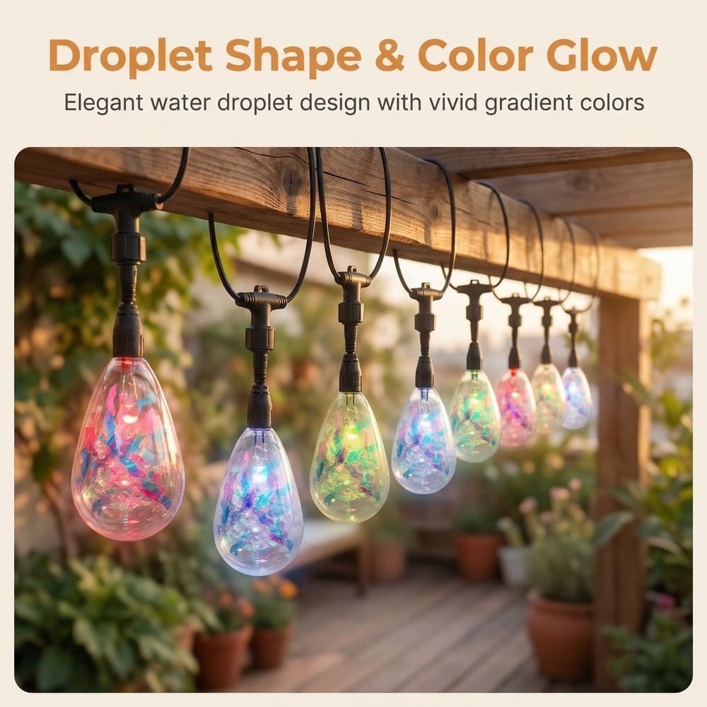 Droplet-shaped S14 RGB outdoor string lights with vivid gradient colors hanging on a pergola.