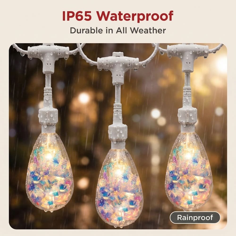 IP65 waterproof S14 drop string lights with holographic confetti covered in rain droplets.