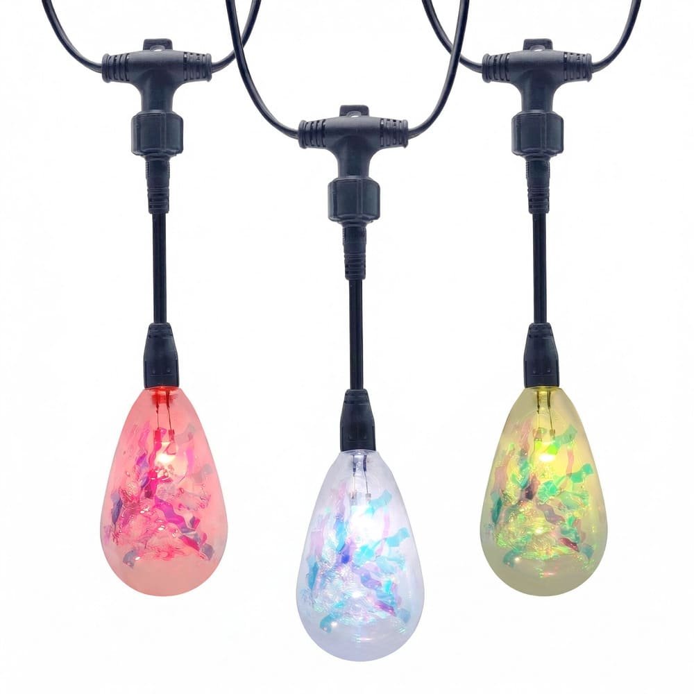 Modular S14 RGB LED string lights featuring detachable screw-lock drops and holographic technology.]
