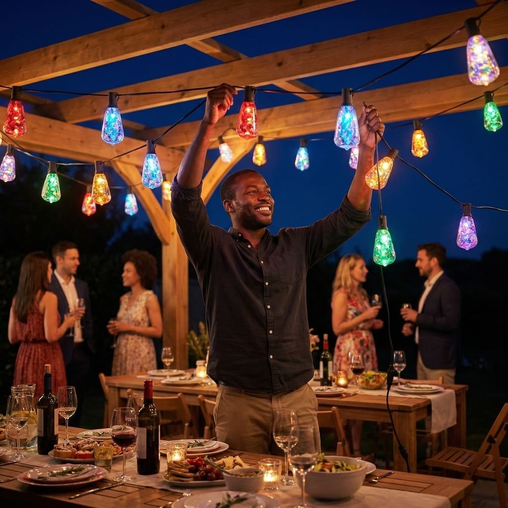 Man installing multicolor ST38 LED string lights on pergola for festive outdoor dining ambiance