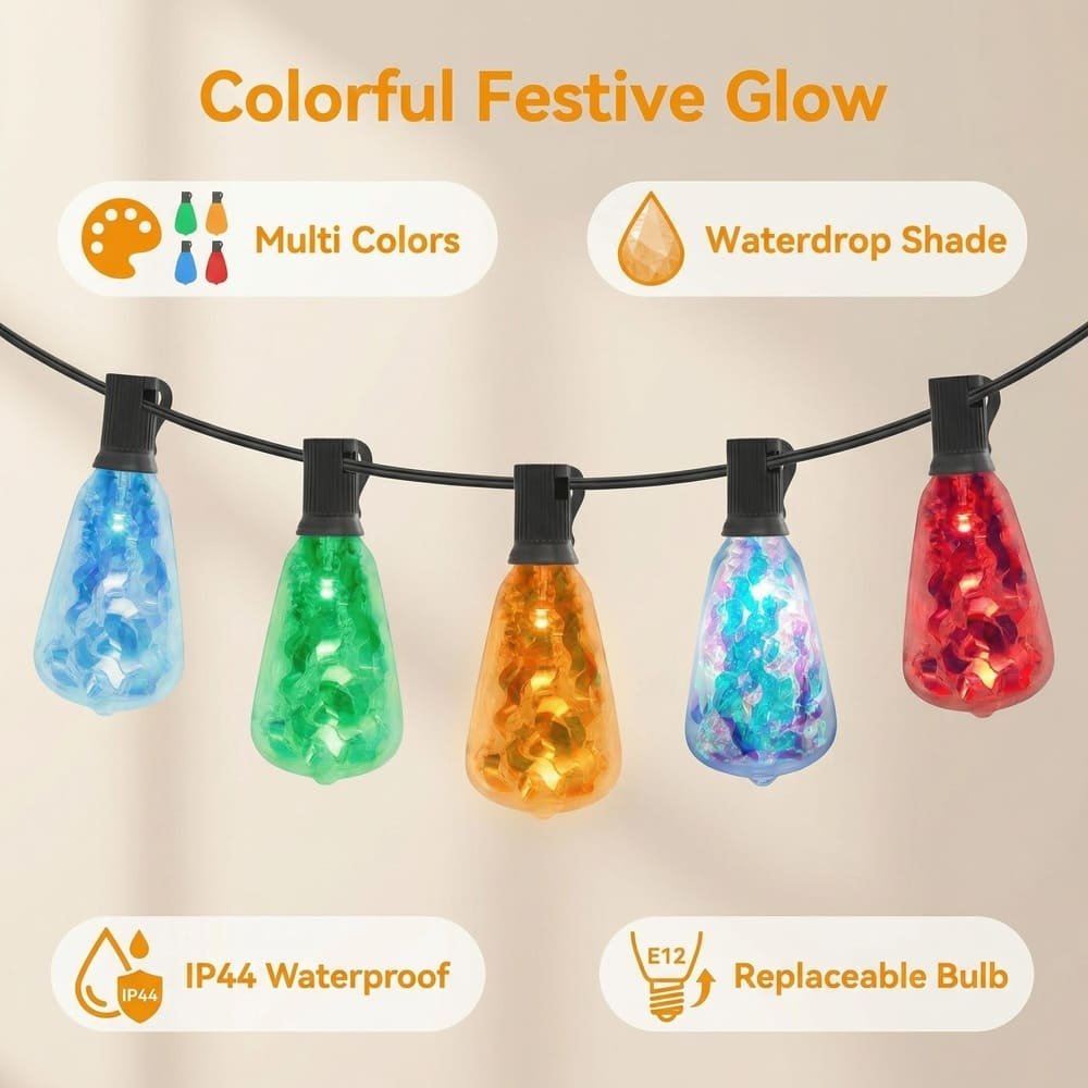 ST38 RGB string lights infographic showing IP44 waterproof rating, E12 replaceable bulbs, and multicolor glow