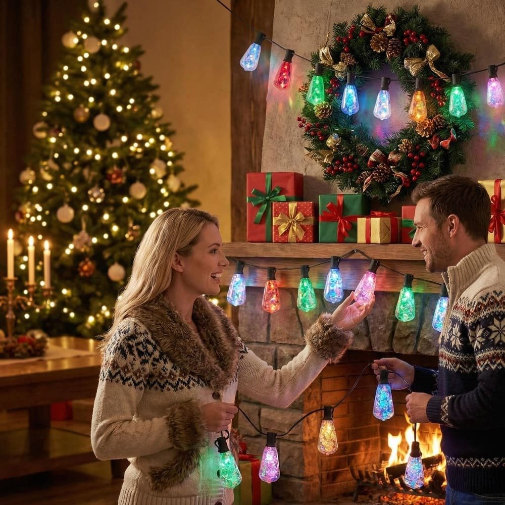 Couple displaying festive multicolor ST38 LED string lights for indoor Christmas holiday decoration