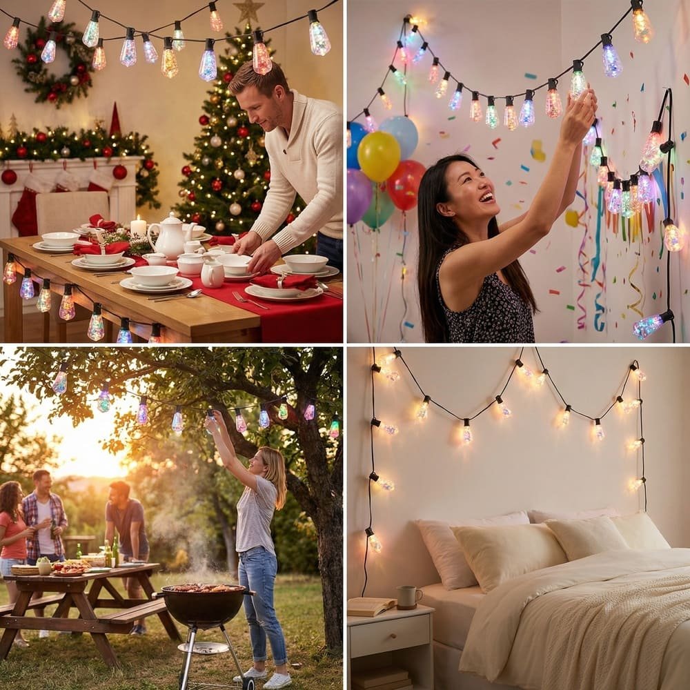 Collage demonstrating ST38 LED string lights for Christmas, parties, outdoor garden, and bedroom deco