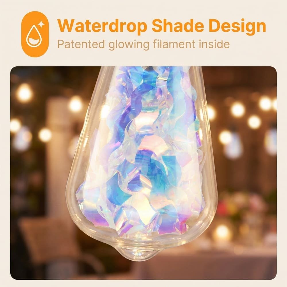 Close-up of ST38 waterdrop LED bulb with patented holographic filament design for unique lighting effects