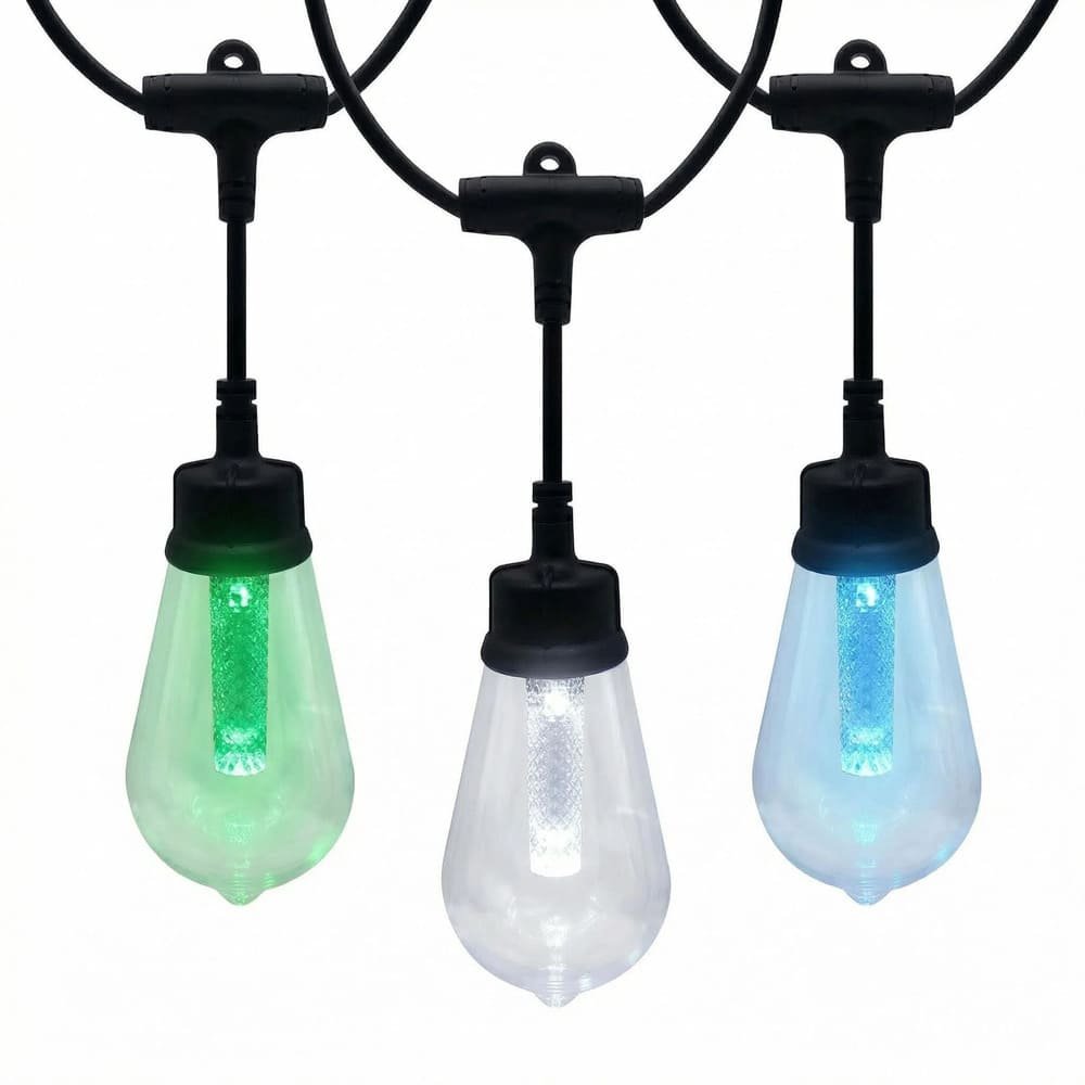 Green, white, and blue ST48 RGB drop pendant string lights with internal light guide pillars
