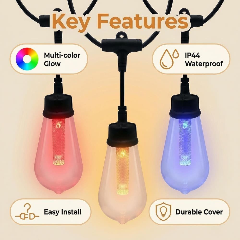 Key features of IP44 waterproof RGB ST48 string lights including multi-color glow and durable cover