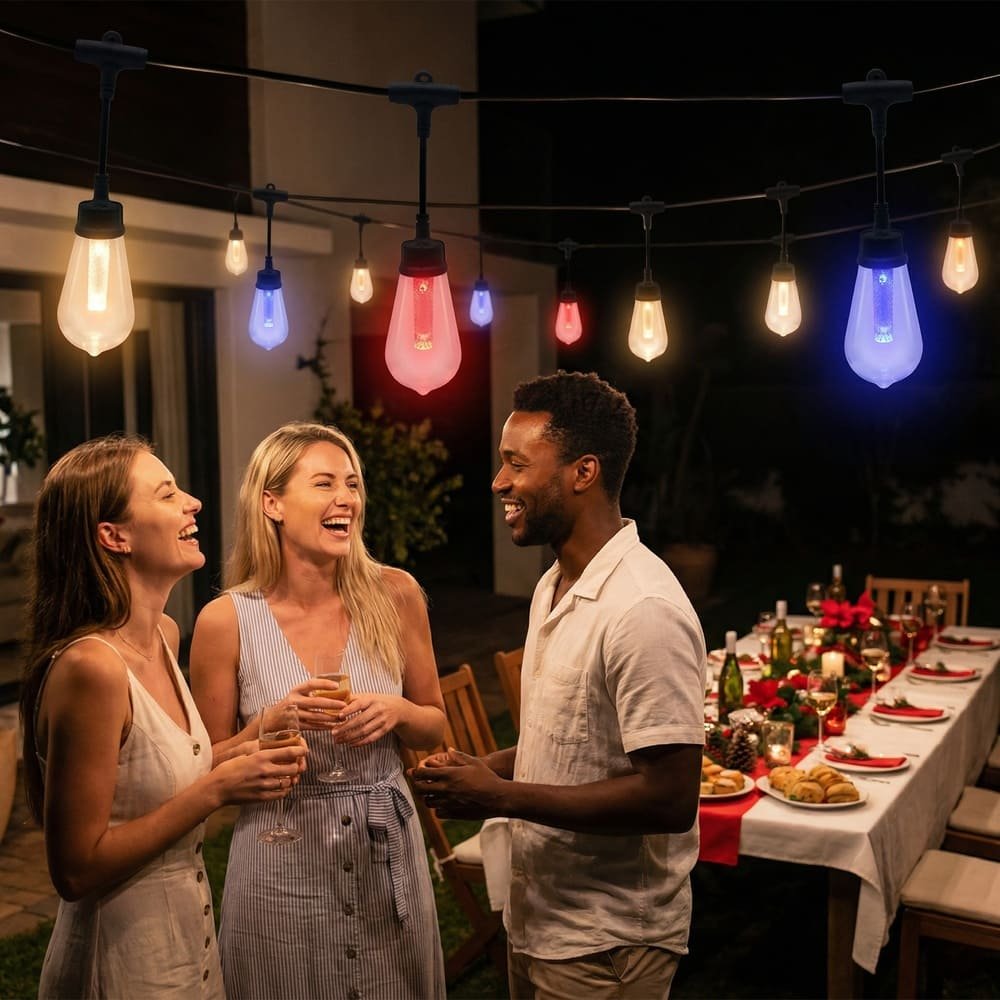 Multi-color commercial LED string lights illuminating outdoor patio dining for festive event ambiance