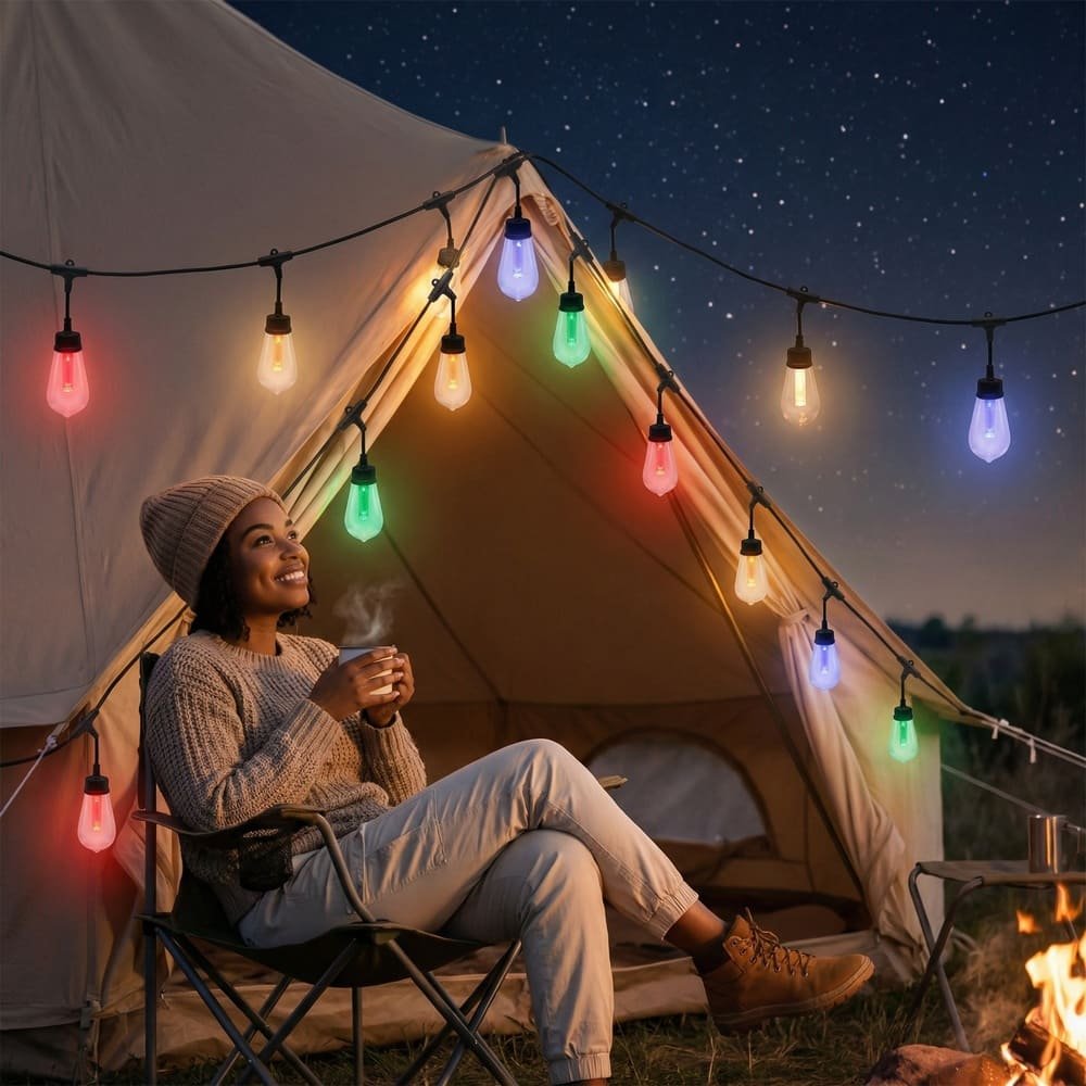Multi-color LED string lights draped over camping tent for outdoor recreational ambiance
