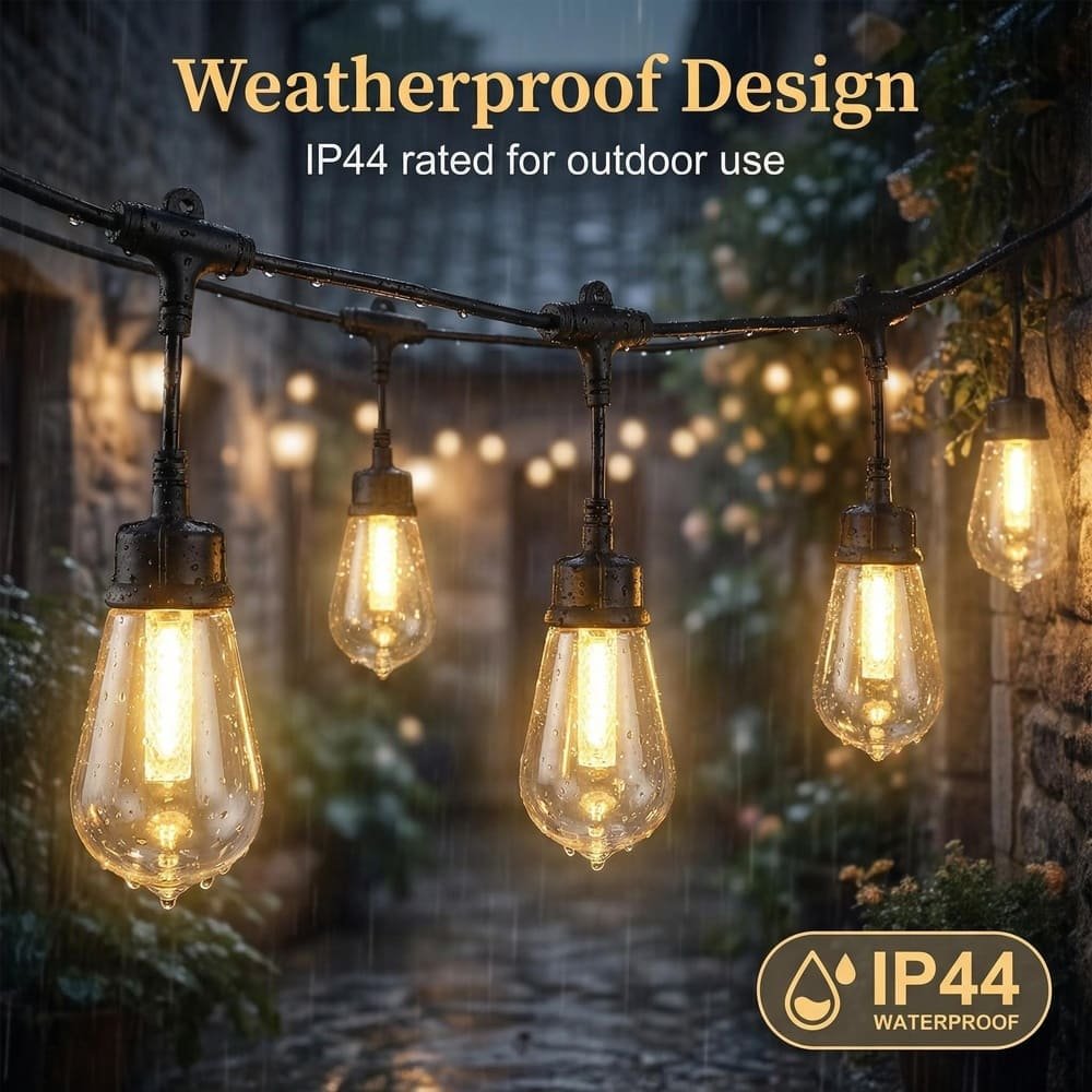 Weatherproof IP44 outdoor string lights with ST48 bulbs enduring rain for commercial durability
