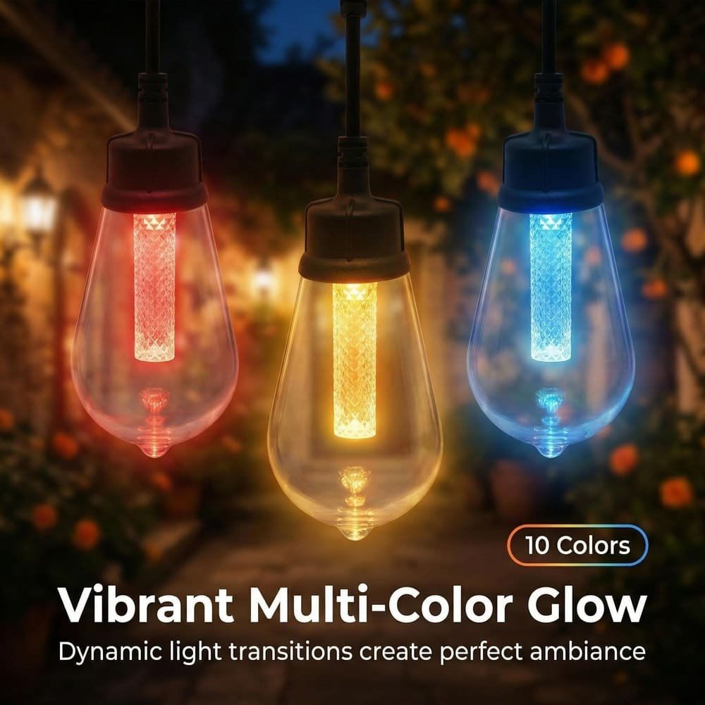 Vibrant multi-color ST48 drop string lights creating perfect ambiance with dynamic light transitions