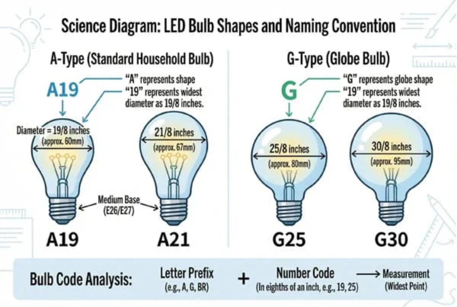 Diagram explaining LED bulb shapes, sizes, and naming conventions for A-Type and G-Type bulbs.