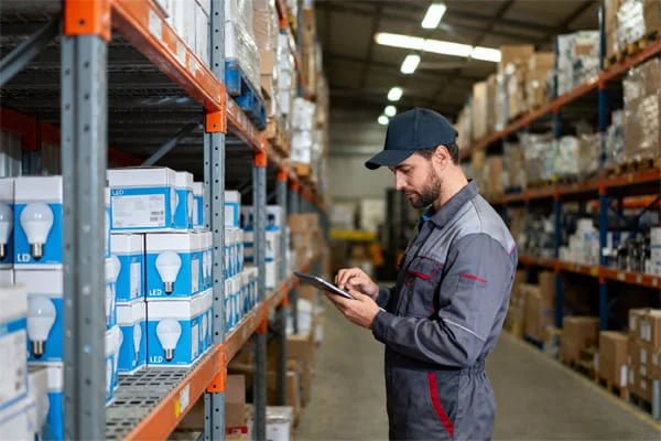 Warehouse worker checking LED bulb inventory
